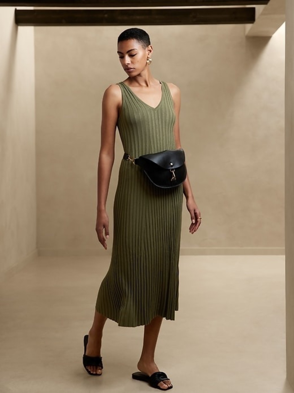 Banana Republic Olive Ribbed V-Neck Midi with Waist Tie